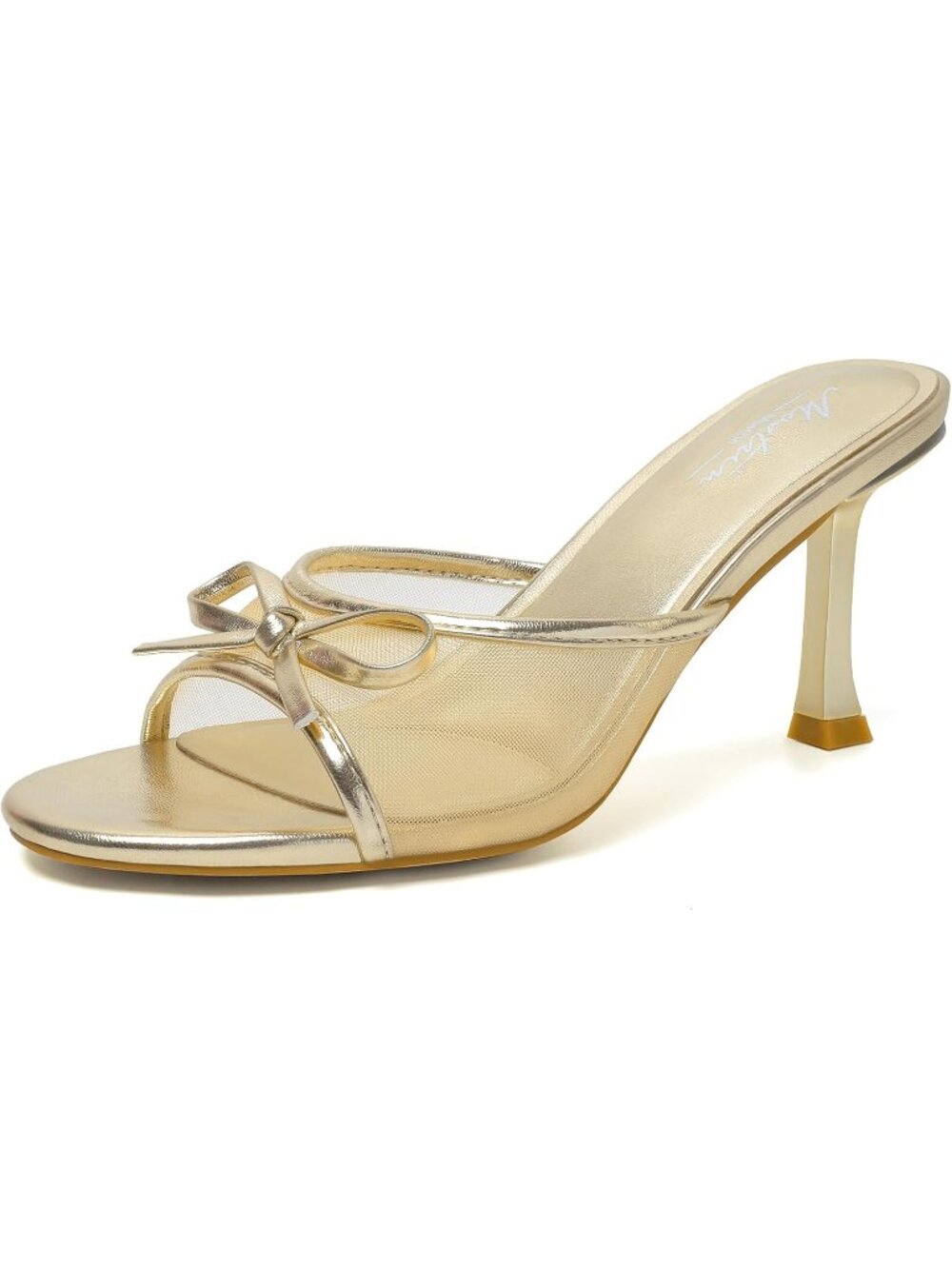 Women's Mesh Gold Kitten Heels Round Toe With Bow Vintage Mules Stiletto Shoes